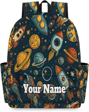 Personalized Outer Space Theme Preschool Toddler Backpack for Boys Girls Custom Kids Name Small Bookbags Kindergarten Elementary Backpack, Universe Rocket