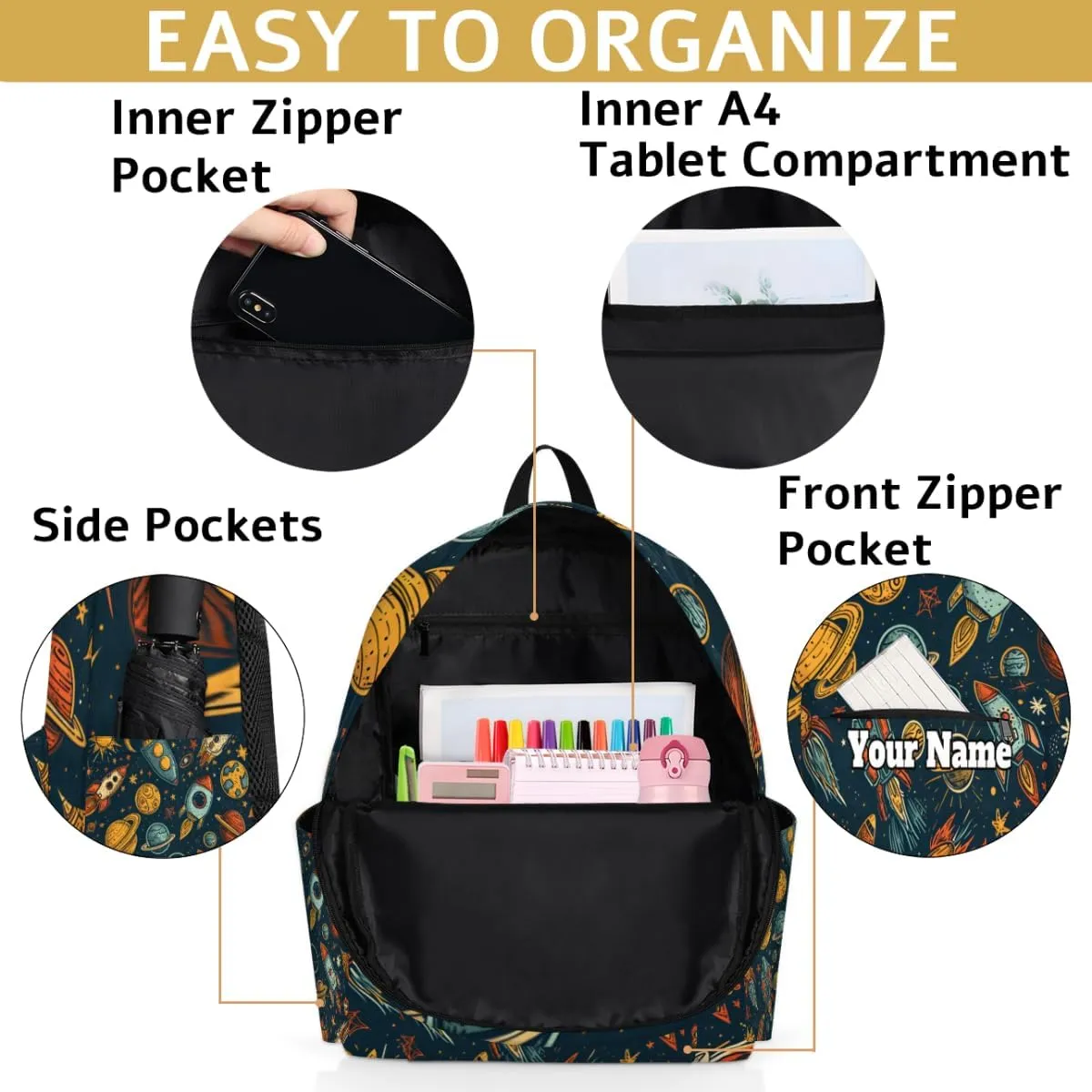 Personalized Outer Space Theme Preschool Toddler Backpack for Boys Girls Custom Kids Name Small Bookbags Kindergarten Elementary Backpack, Universe Rocket