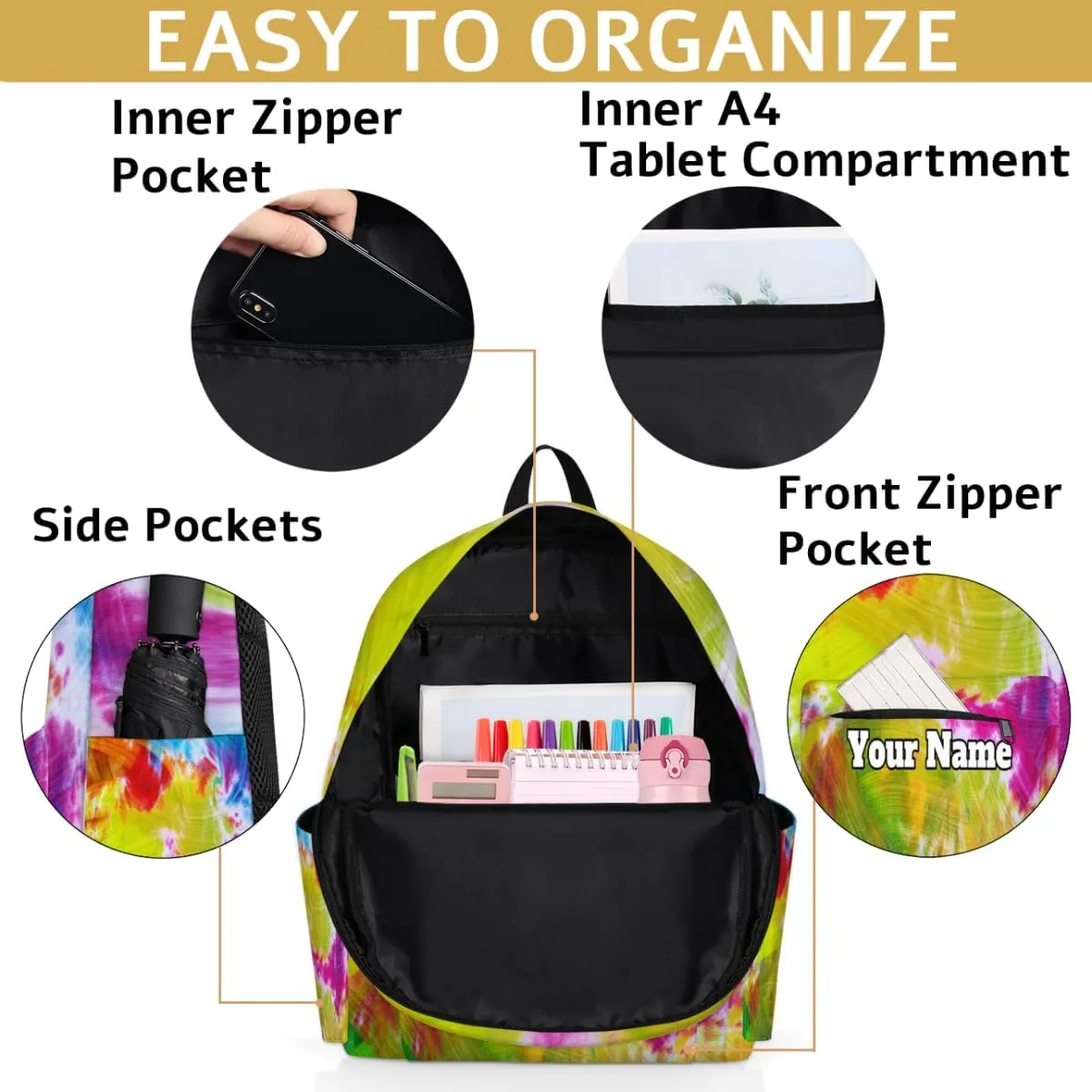 Personalized Rainbow Tie Dye Preschool Toddler Backpack for Boys Girls Custom Kids Name Small Bookbags Kindergarten Elementary Backpack, Abstract Tie Dye