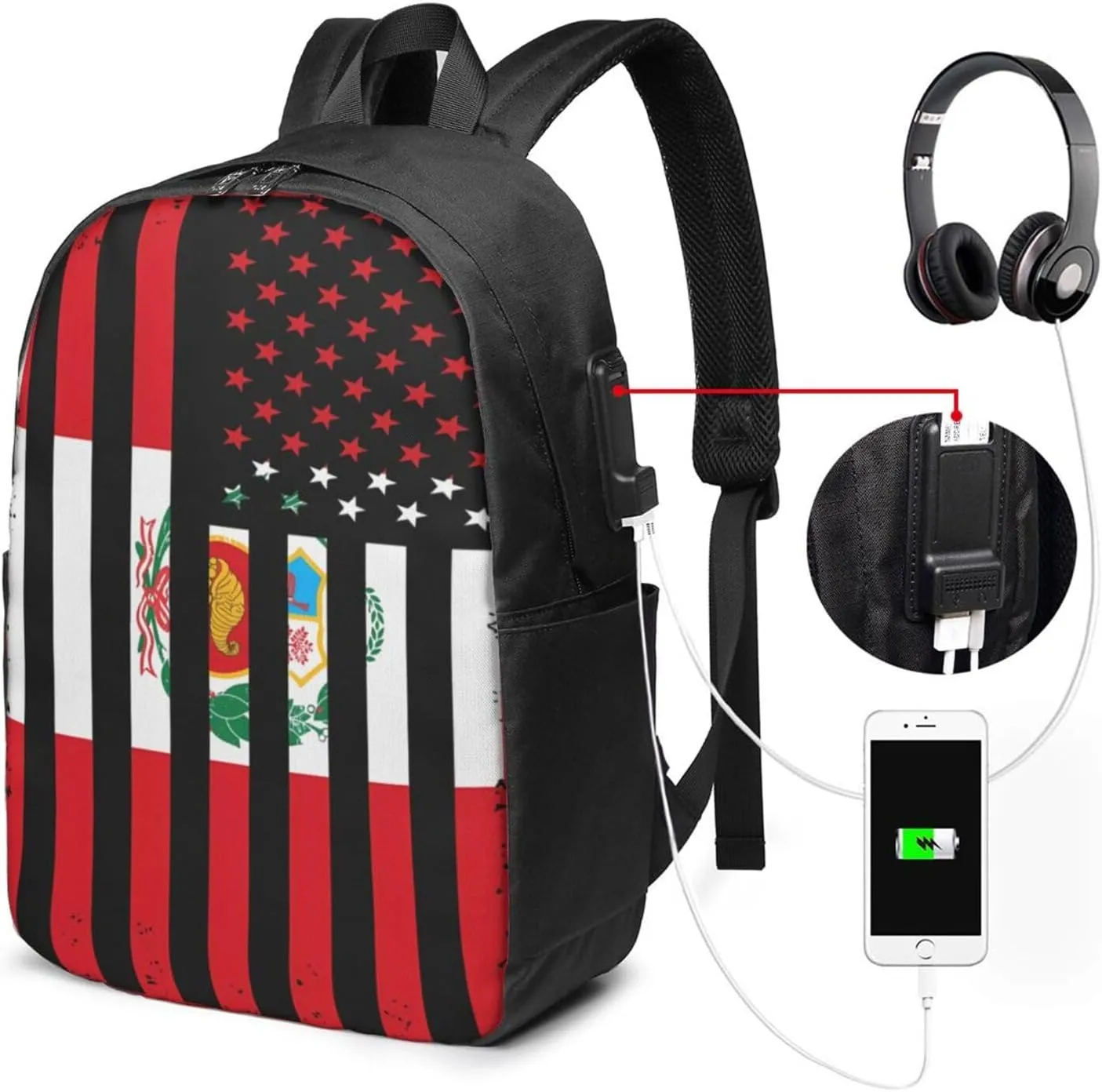 Peru Peruvian American Flag Laptop Backpacks Travel Backpack Casual Business Daypack Sport Rucksack Computer Bag Fits up to 17 Inch Notebook with USB Port