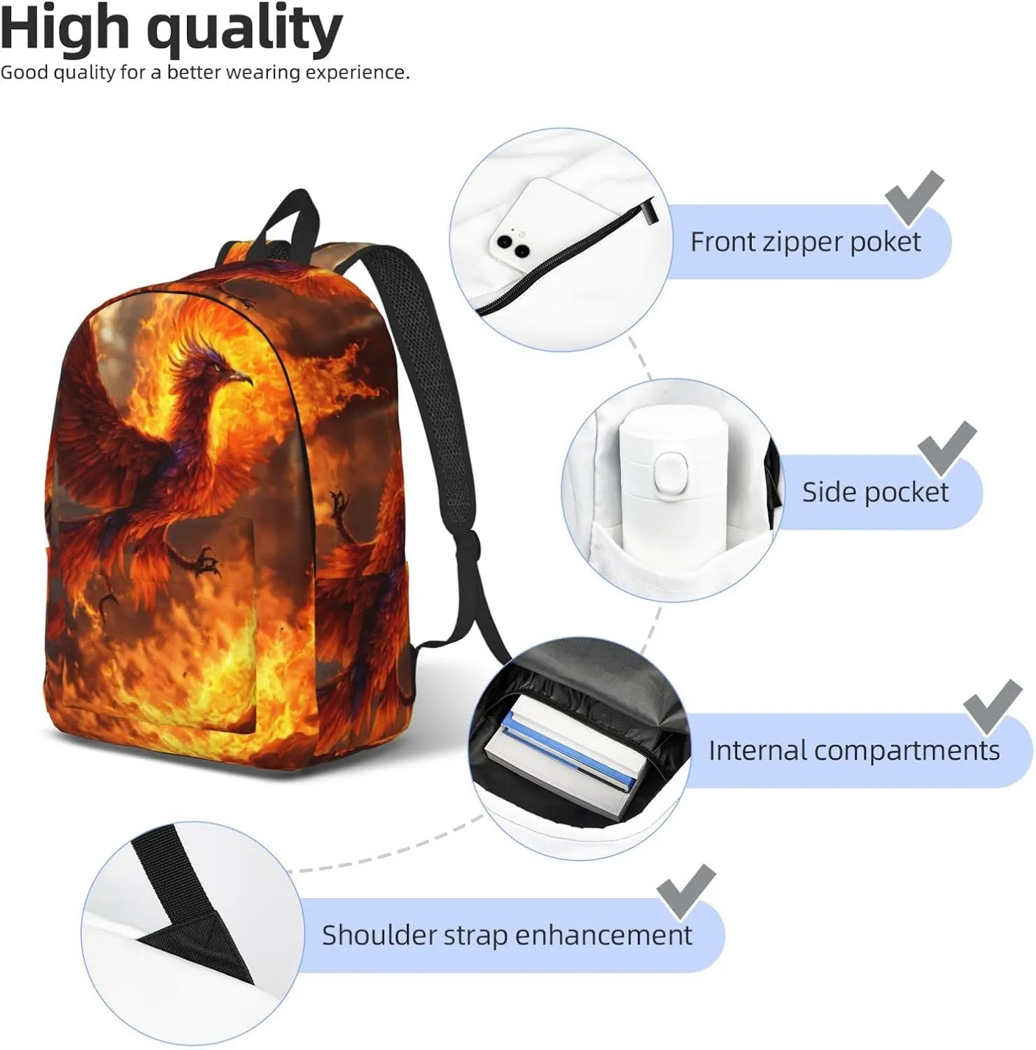 Phoenix print Backpack Travel Backpacks for Women Men College Backpack Computer Bag for Travel