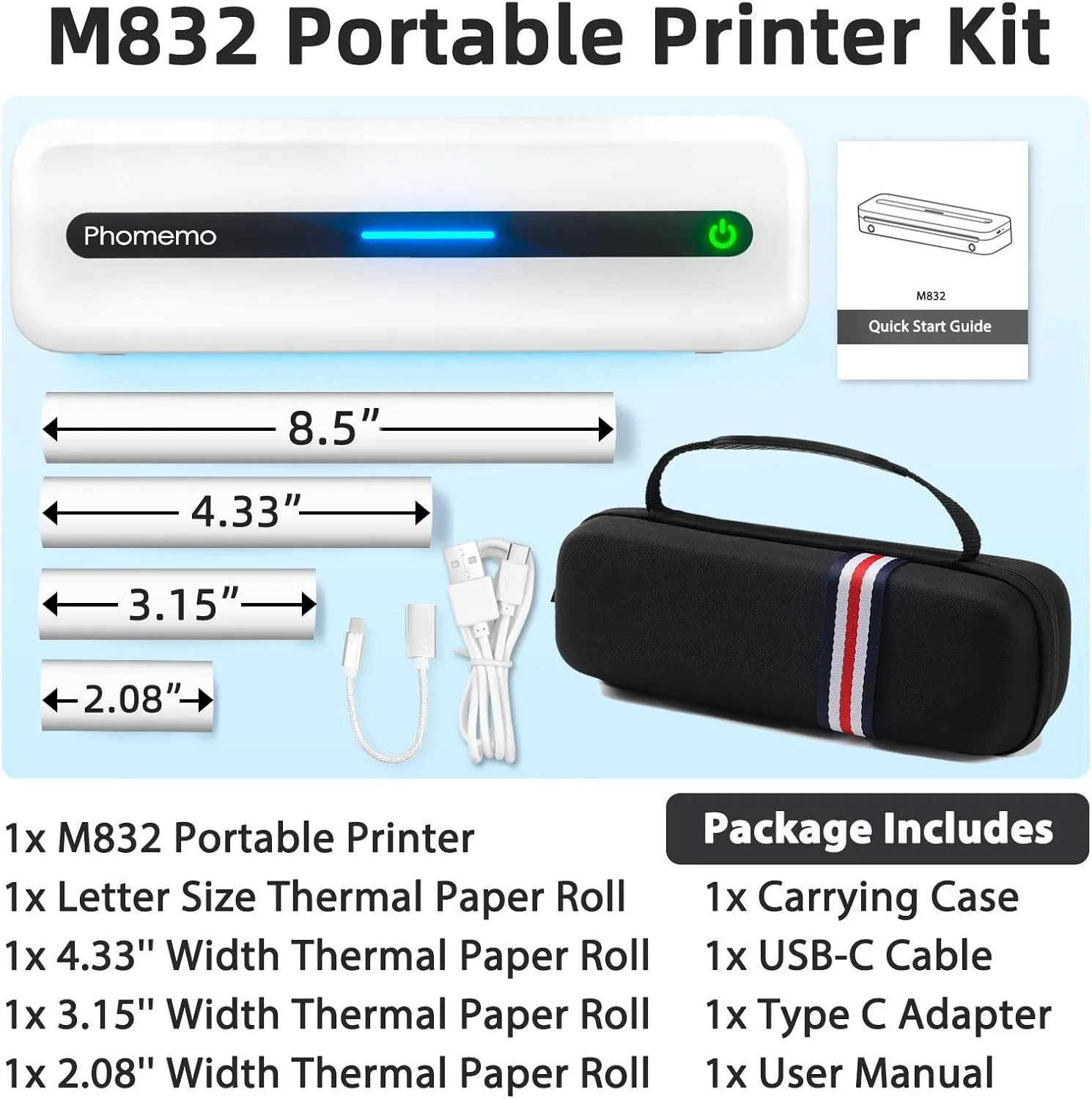 Phomemo Inkless Portable Printer, M832 Small Portable Printers Wireless for Travel, Bluetooth Mobile Thermal Printer for Phone Laptop, Support 8.5'' x 11'' and A4 Thermal Paper for Office Home School