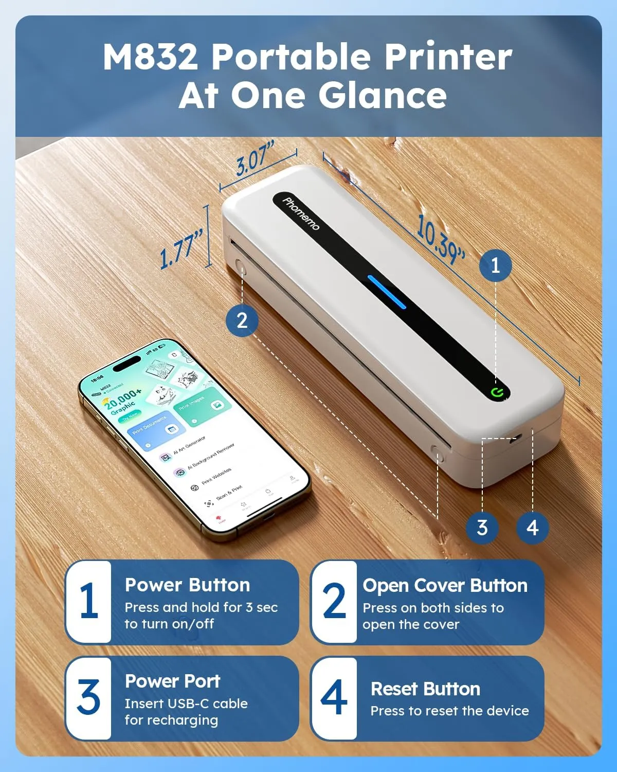 Phomemo Inkless Portable Printer, M832 Small Portable Printers Wireless for Travel, Bluetooth Mobile Thermal Printer for Phone Laptop, Support 8.5'' x 11'' and A4 Thermal Paper for Office Home School