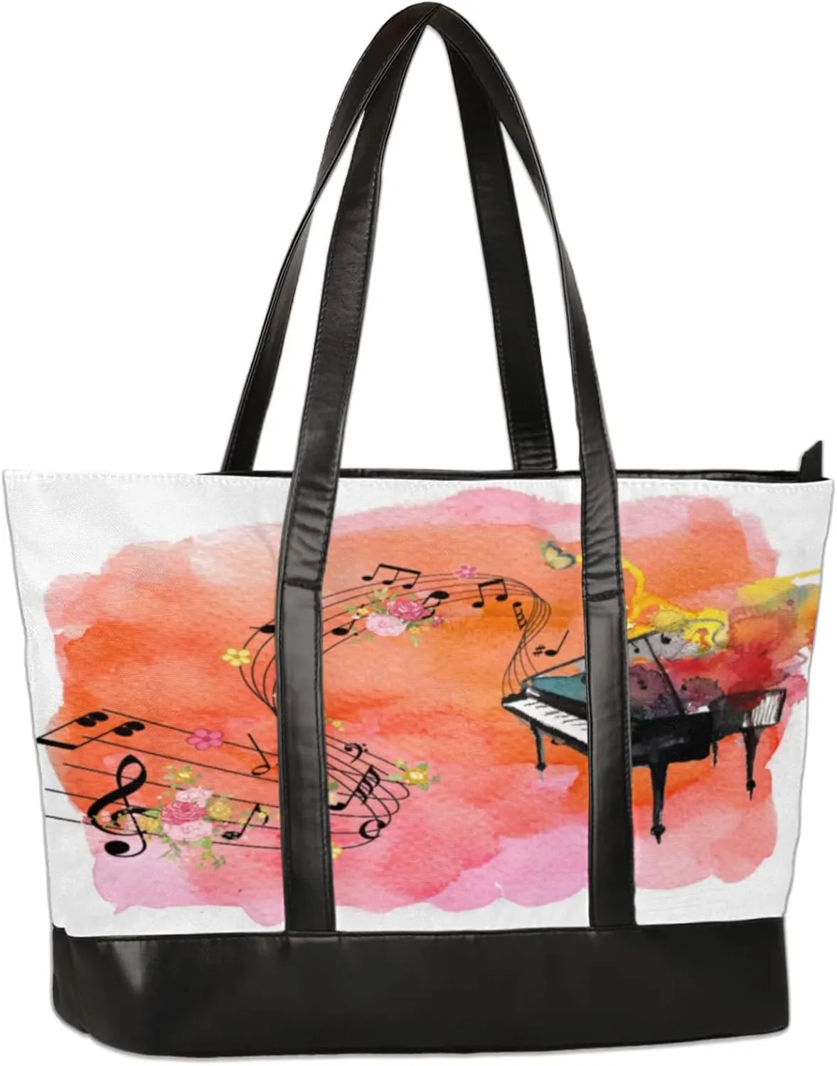 Piano Notes Flowers Watercolor Laptop Tote Bag for Women Lightweight Work Purse with Multiple Compartments Fits 13-15.6 Inch Laptop Tablet Shoulder Bag for Office Travel Daily Use