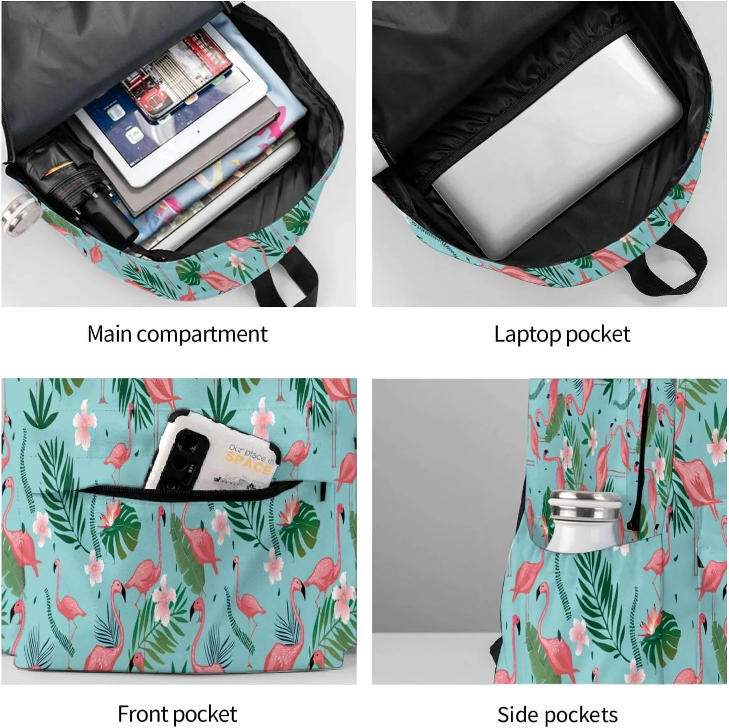 Pink Flamingo Tropical Leaves And Flowers Laptop Backpack Shoulder Bag Laptop Pack Travel Backpacks Commuter Back Pack Casual Daypack Bags With Side Pockets
