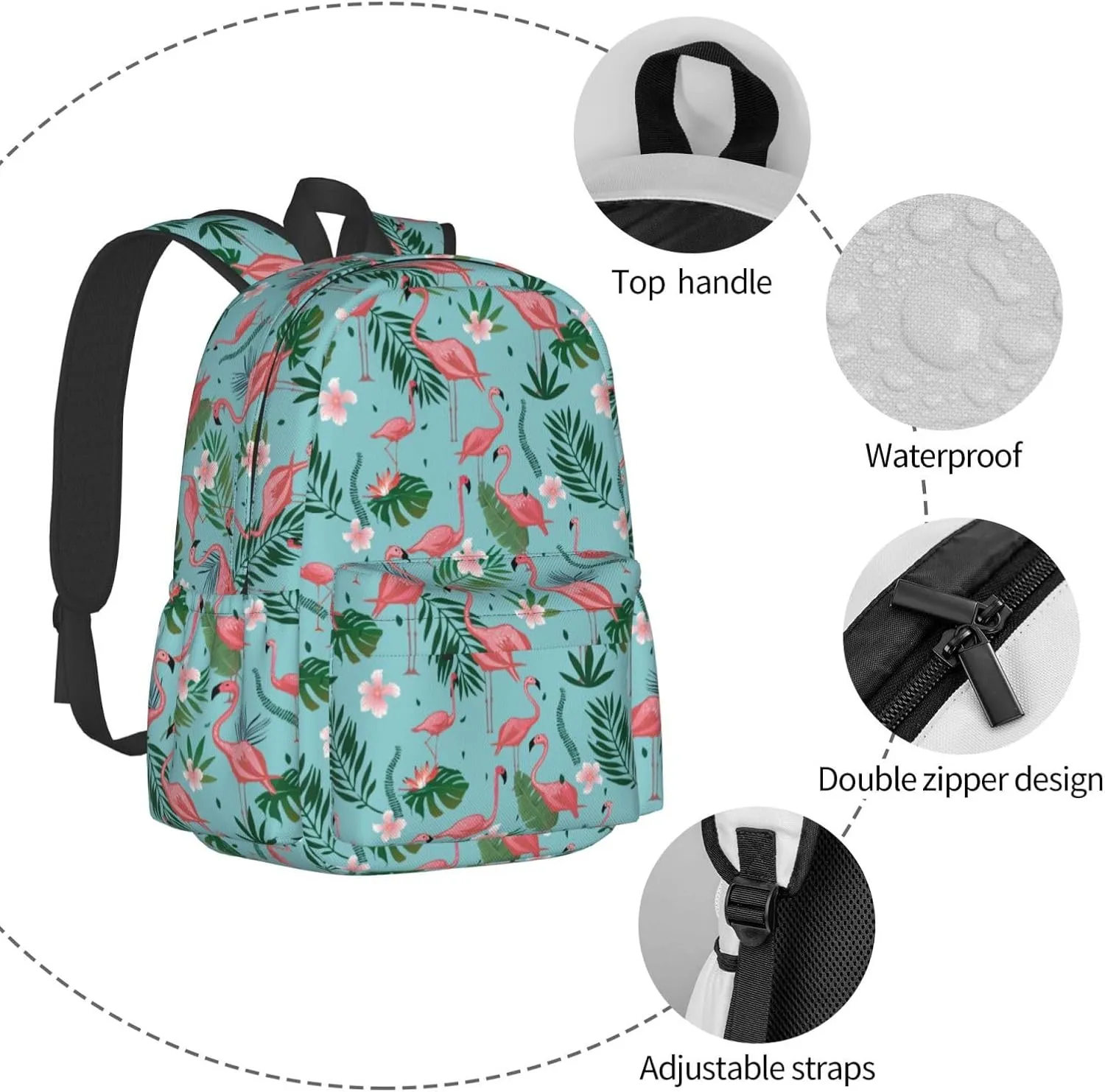 Pink Flamingo Tropical Leaves And Flowers Laptop Backpack Shoulder Bag Laptop Pack Travel Backpacks Commuter Back Pack Casual Daypack Bags With Side Pockets