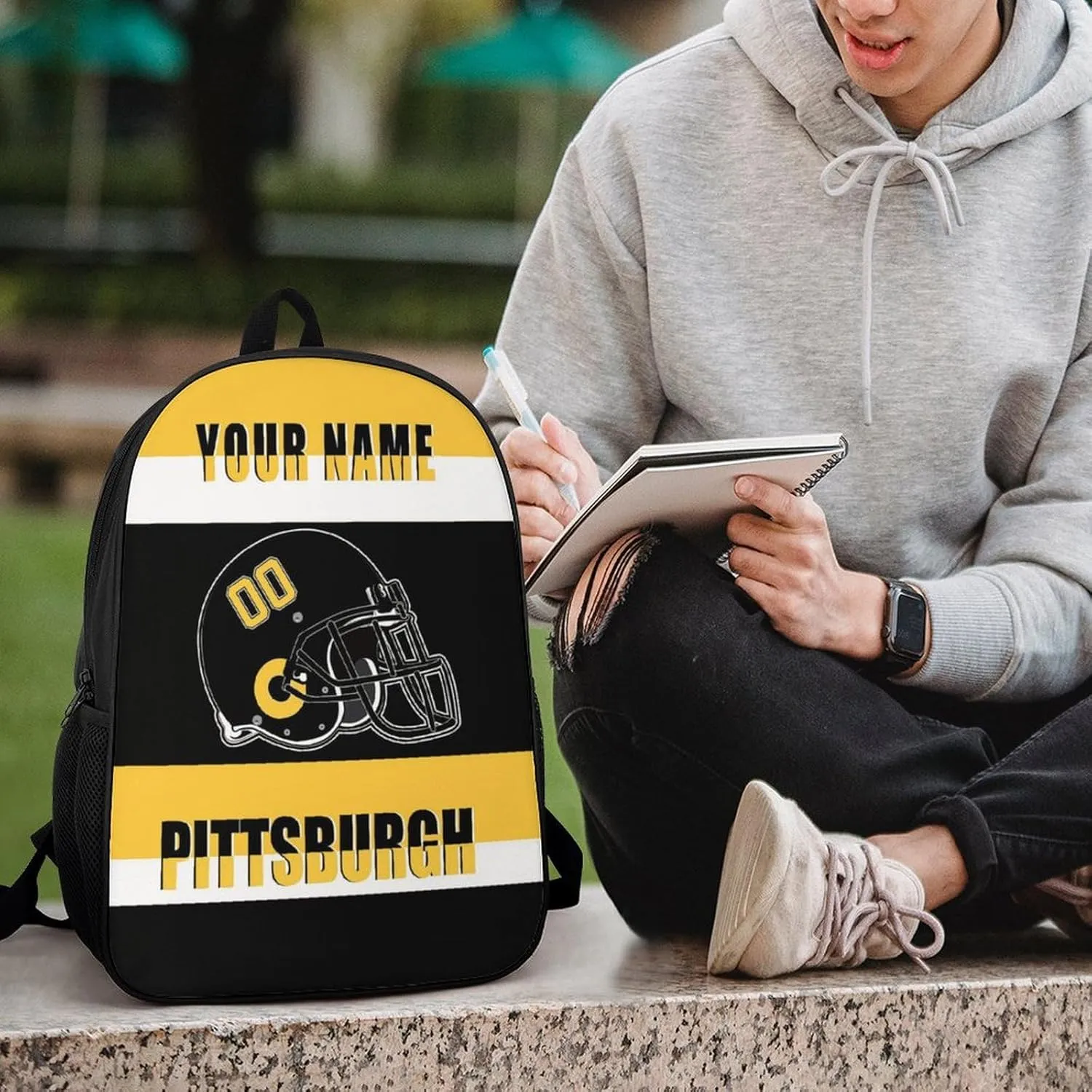 Pittsburgh Backpack 17 Inch SchoolBag, Personalized Any Name Number High Capacity Laptop Bag Casual Daypack for Man/Woman/Girl/Boy