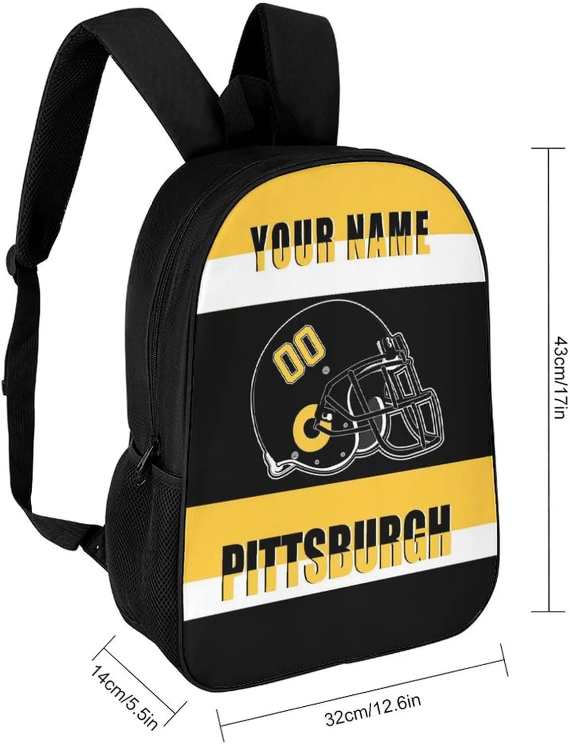 Pittsburgh Backpack 17 Inch SchoolBag, Personalized Any Name Number High Capacity Laptop Bag Casual Daypack for Man/Woman/Girl/Boy