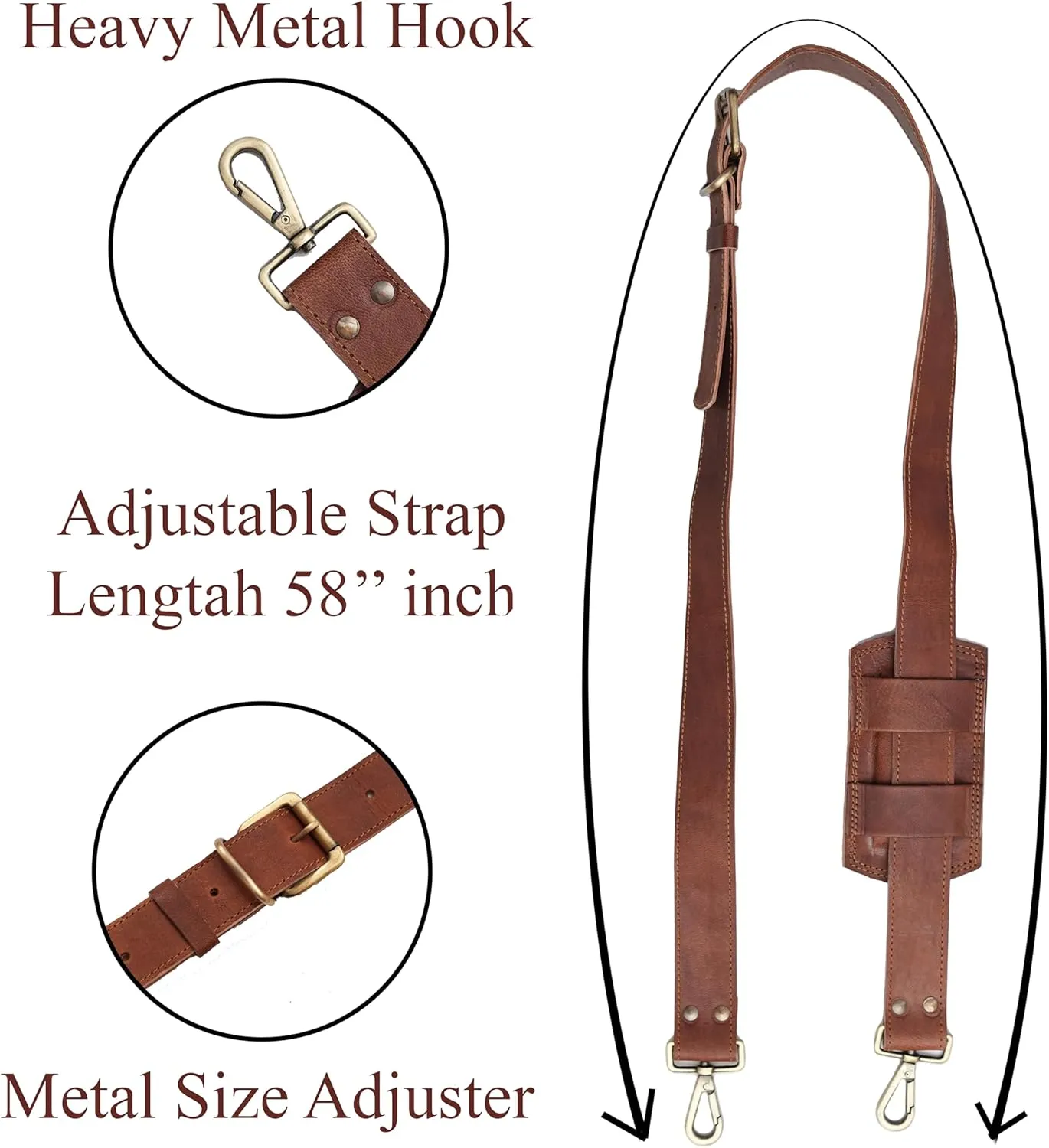 PLW Goat Leather Adjustable Replacement Leather Shoulder Strap for Crossbody Handbag with Heavy Duty Metal Swivel Hook | 60 Inches Long Genuine Brown Leather Purse Straps Replacement for Crossbody