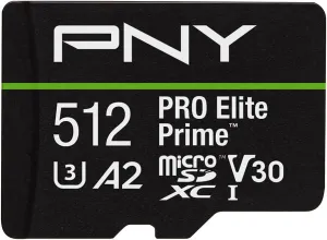 PNY 512GB PRO Elite Prime™ C10 U3 V30 A2 microSDXC Flash Memory Card – Ultra-Fast Speeds, Read 200MB/s, Write 150MB/s, 4K UHD, Full HD, UHS-I, for Smartphones, Drones, Action Cameras