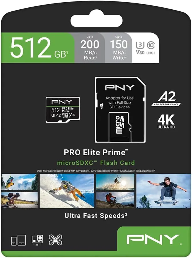 PNY 512GB PRO Elite Prime™ C10 U3 V30 A2 microSDXC Flash Memory Card – Ultra-Fast Speeds, Read 200MB/s, Write 150MB/s, 4K UHD, Full HD, UHS-I, for Smartphones, Drones, Action Cameras