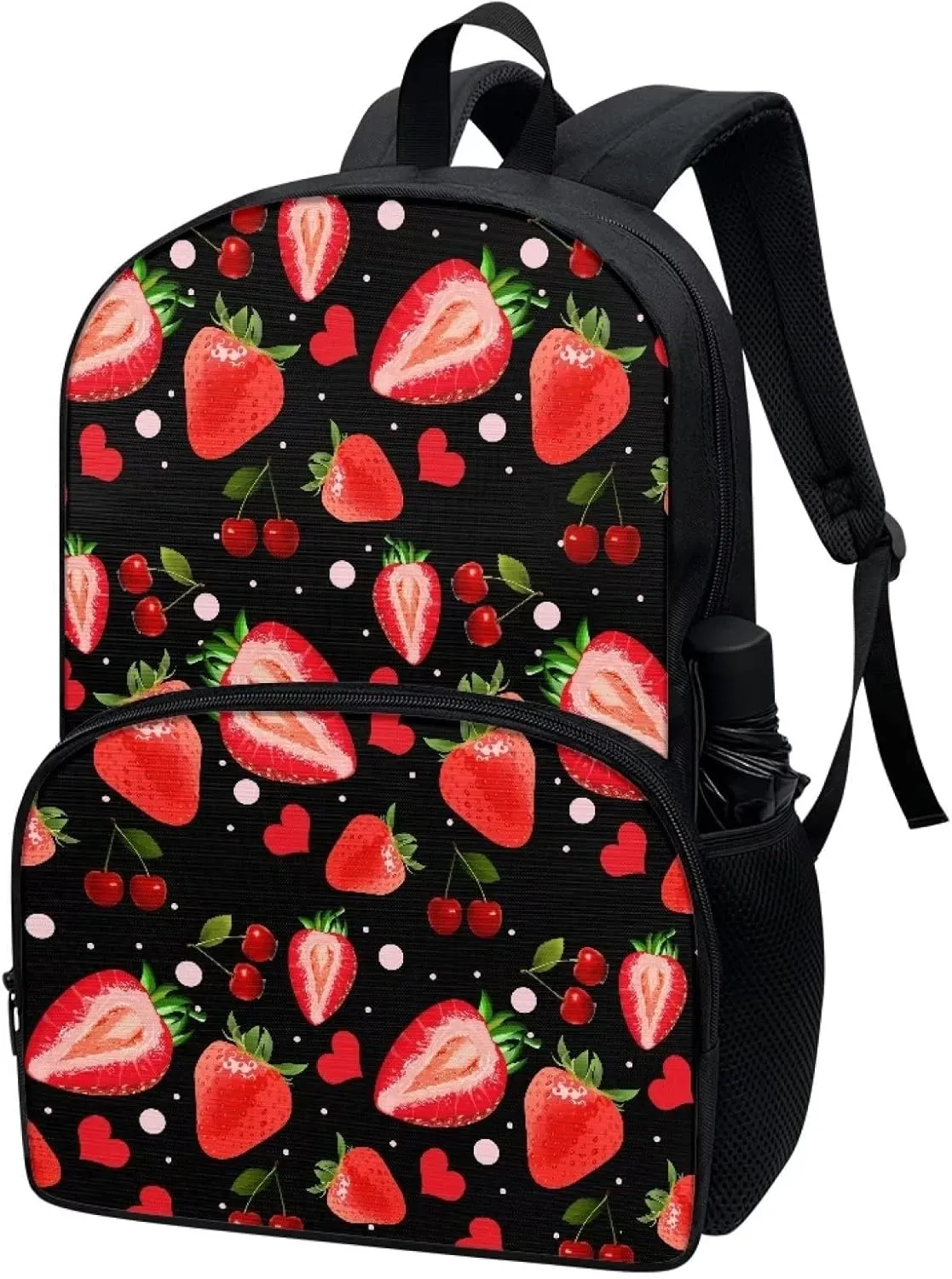 Poceacles Red Cherry Strawberry Printed Backpacks for Elementary School Bookbag 17 Inch Cool Middle Junior Students Schoolbag for Kids Youth Shoulder Bag Travel Beach Backpack