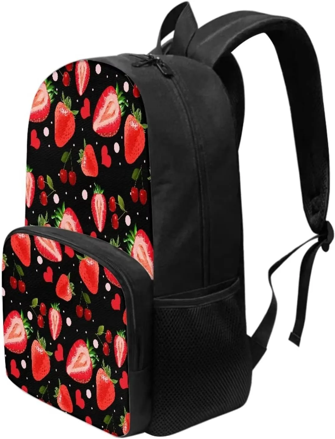 Poceacles Red Cherry Strawberry Printed Backpacks for Elementary School Bookbag 17 Inch Cool Middle Junior Students Schoolbag for Kids Youth Shoulder Bag Travel Beach Backpack