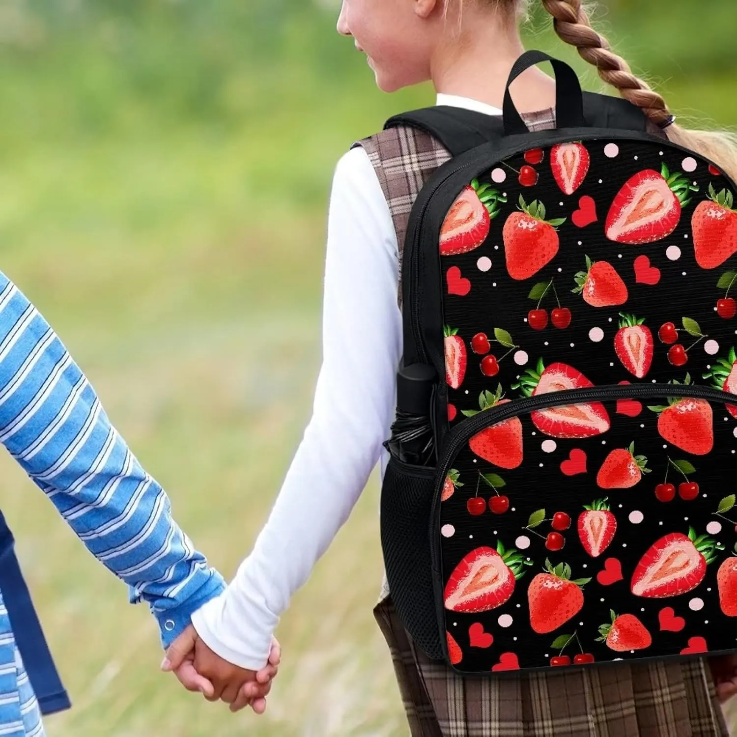 Poceacles Red Cherry Strawberry Printed Backpacks for Elementary School Bookbag 17 Inch Cool Middle Junior Students Schoolbag for Kids Youth Shoulder Bag Travel Beach Backpack