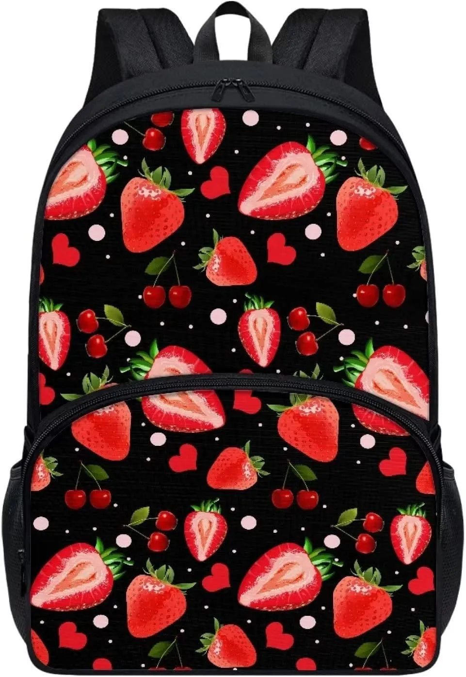 Poceacles Red Cherry Strawberry Printed Backpacks for Elementary School Bookbag 17 Inch Cool Middle Junior Students Schoolbag for Kids Youth Shoulder Bag Travel Beach Backpack