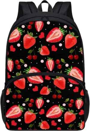 Poceacles Red Cherry Strawberry Printed Backpacks for Elementary School Bookbag 17 Inch Cool Middle Junior Students Schoolbag for Kids Youth Shoulder Bag Travel Beach Backpack