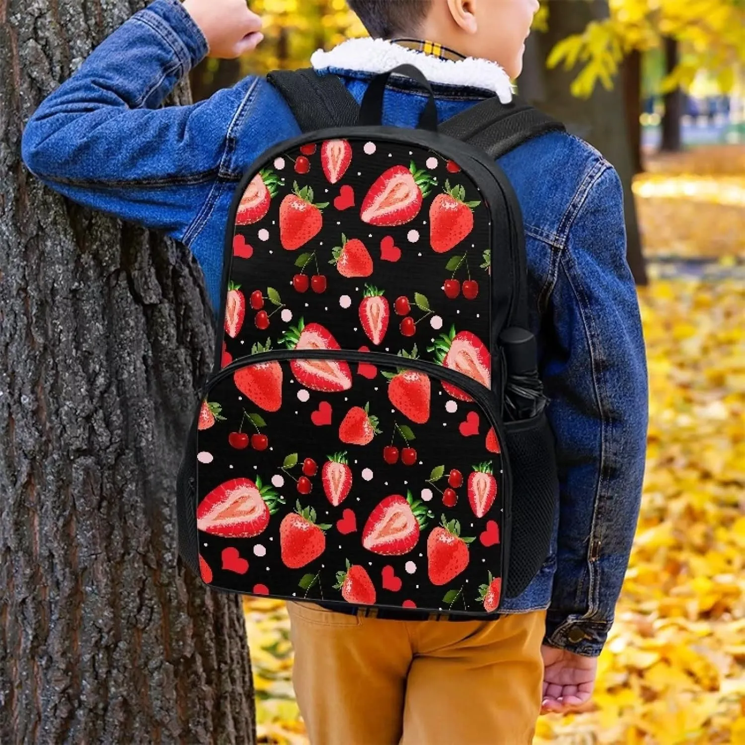 Poceacles Red Cherry Strawberry Printed Backpacks for Elementary School Bookbag 17 Inch Cool Middle Junior Students Schoolbag for Kids Youth Shoulder Bag Travel Beach Backpack