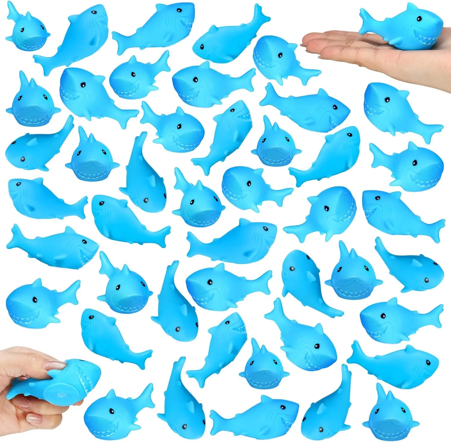 Poen 100 Pcs Rubber Shark Bath Toys Bulk Mini Floating Rubber Sharks Blue Cute Squeezable Squeak Toys for Beach Pool Baby Shower Birthday Party Favors Bag Filler Carnival Prizes Cake Decoration