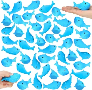 Poen 100 Pcs Rubber Shark Bath Toys Bulk Mini Floating Rubber Sharks Blue Cute Squeezable Squeak Toys for Beach Pool Baby Shower Birthday Party Favors Bag Filler Carnival Prizes Cake Decoration