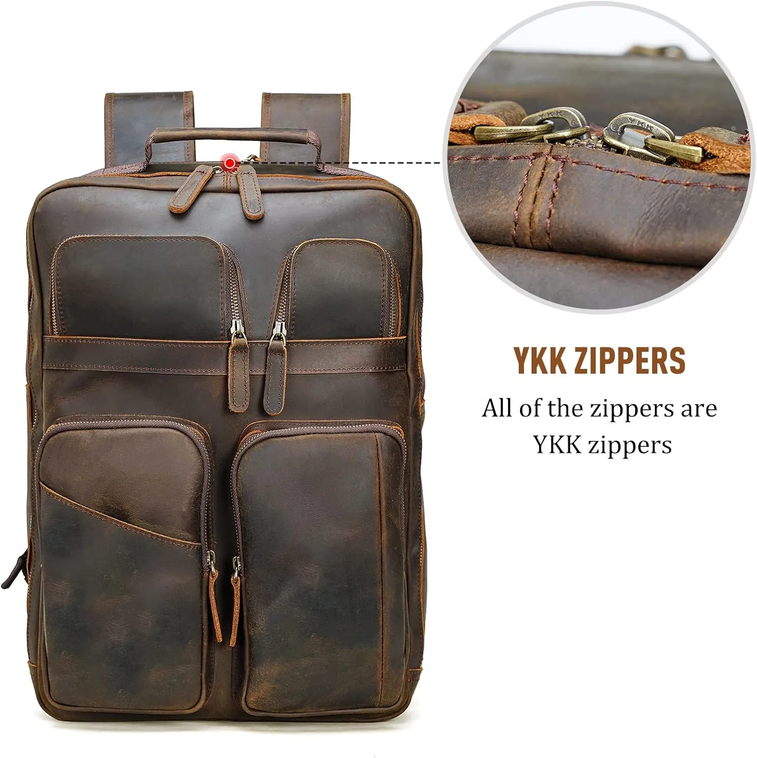 Polare 17.3 Inch Full Grain Leather Backpack for Men and Women Multi Pockets Business Travel Laptop Rucksack (Brown)