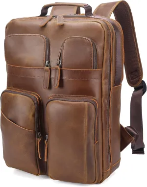 Polare 17.3 Inch Full Grain Leather Backpack for Men and Women Multi Pockets Business Travel Laptop Rucksack (Light Brown)