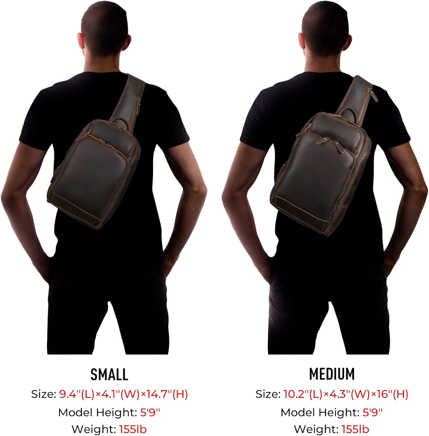 Polare Modern Style Sling Shoulder Bag Men’s Travel/Hiking Daypack with Full Grain Italian Leather and YKK Zippers