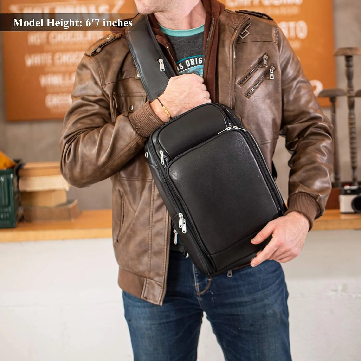 Polare Modern Style Sling Shoulder Bag Men’s Travel/Hiking Daypack with Full Grain Italian Leather and YKK Zippers