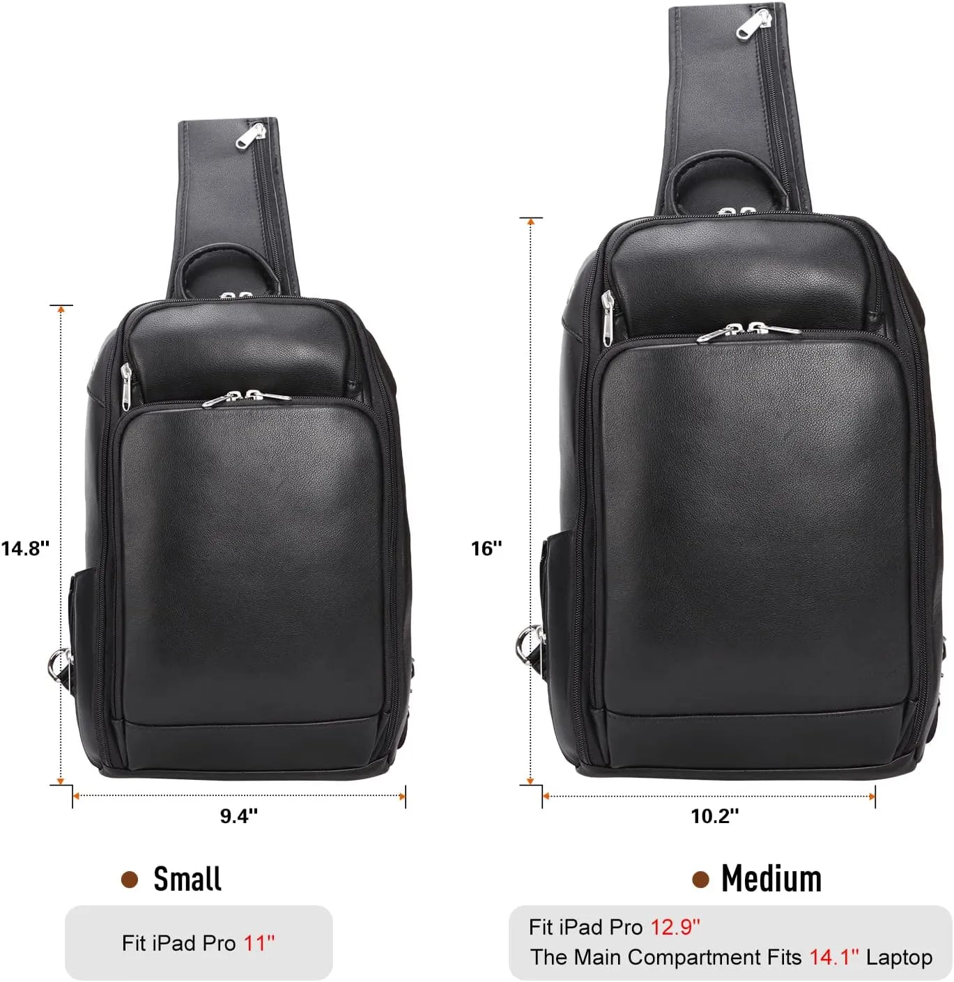 Polare Modern Style Sling Shoulder Bag Men’s Travel/Hiking Daypack with Full Grain Italian Leather and YKK Zippers