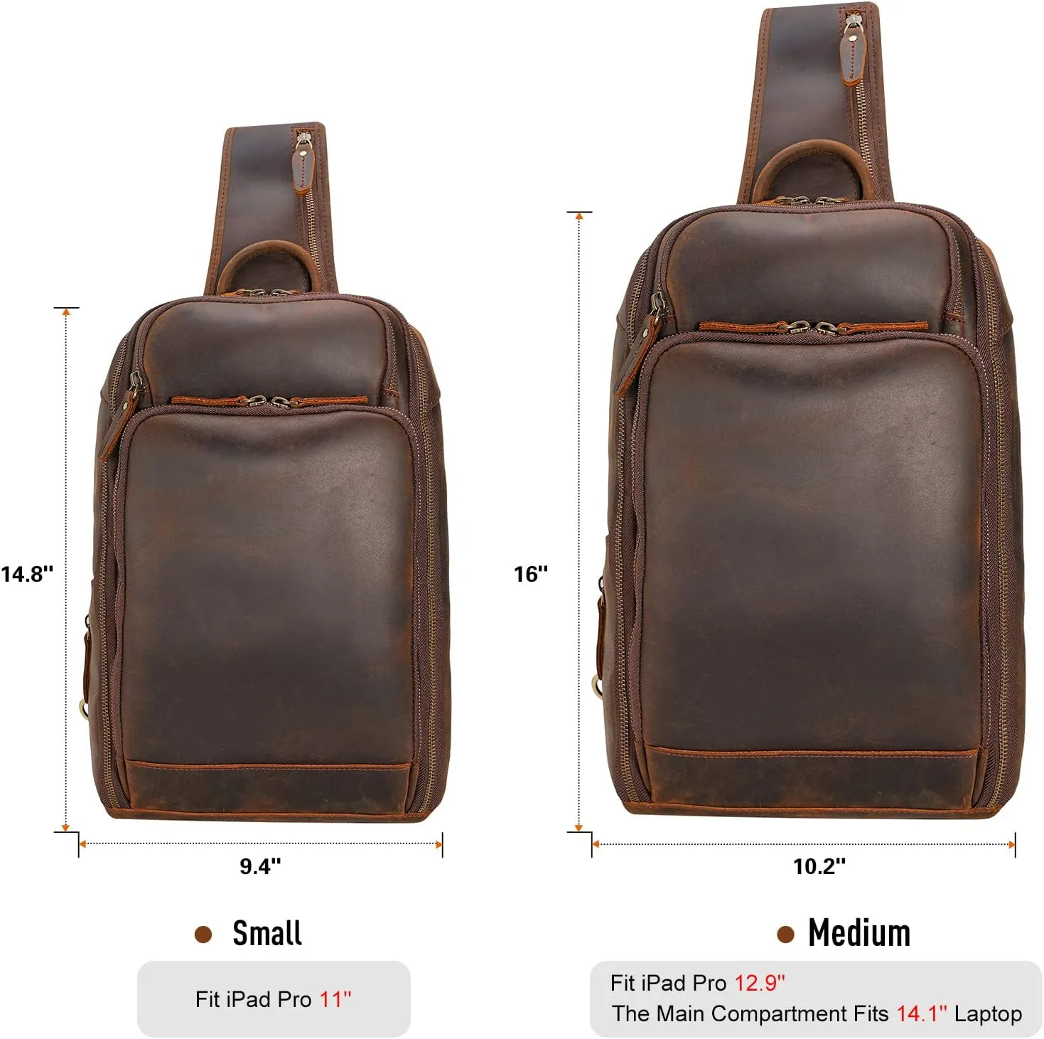 Polare Modern Style Sling Shoulder Bag Men’s Travel/Hiking Daypack with Full Grain Italian Leather and YKK Zippers