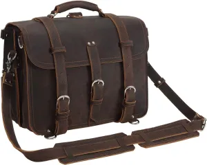 Polare Thick Full Grain Leather 16'' Briefcase Shoulder Messenger Bag For Men Fit 15.6'' Laptop