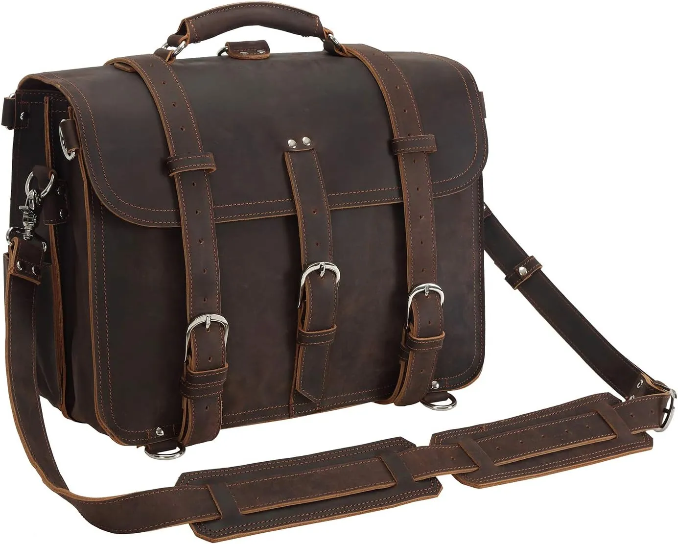 Polare Thick Full Grain Leather 16'' Briefcase Shoulder Messenger Bag For Men Fit 15.6'' Laptop