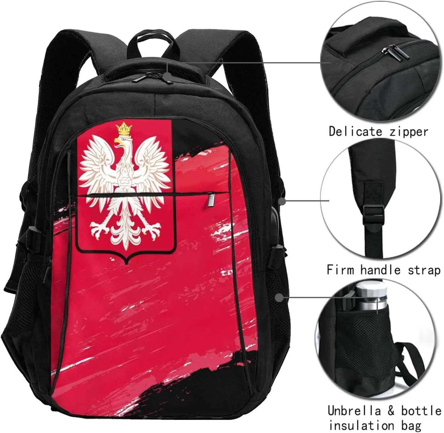 Polish Flag Poland Polska Eagle Casual Travel Backpacks Hiking Camping Backpack Large Outdoor Sport Daypack Laptop Rucksack Climbing Working Bags with USB Port