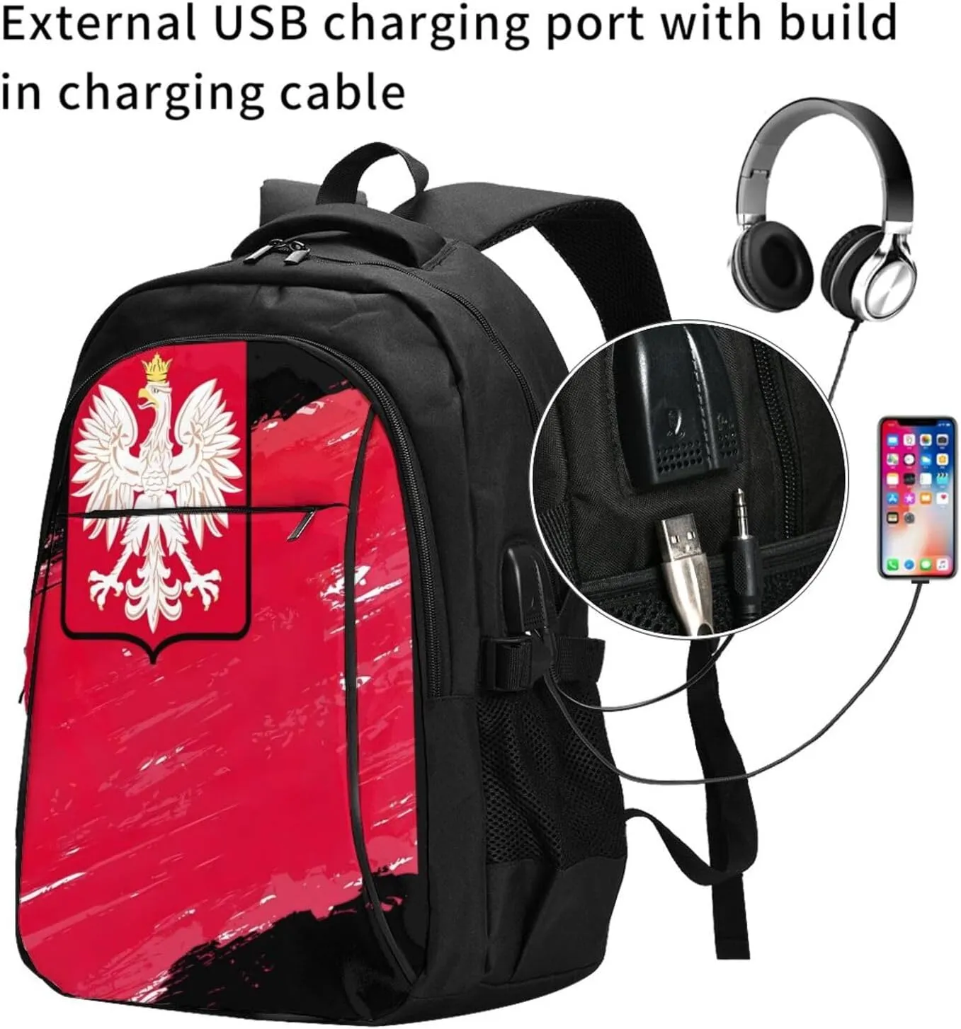 Polish Flag Poland Polska Eagle Casual Travel Backpacks Hiking Camping Backpack Large Outdoor Sport Daypack Laptop Rucksack Climbing Working Bags with USB Port