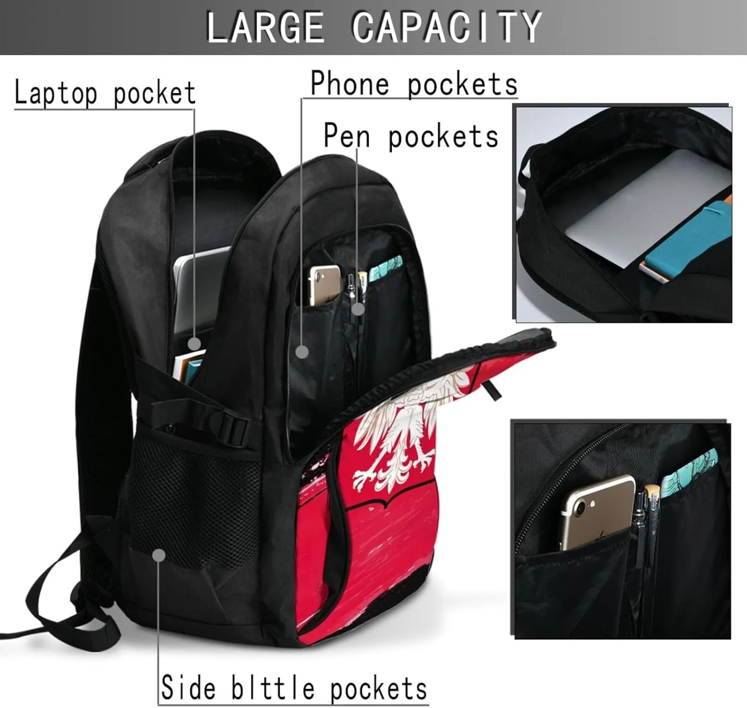 Polish Flag Poland Polska Eagle Casual Travel Backpacks Hiking Camping Backpack Large Outdoor Sport Daypack Laptop Rucksack Climbing Working Bags with USB Port