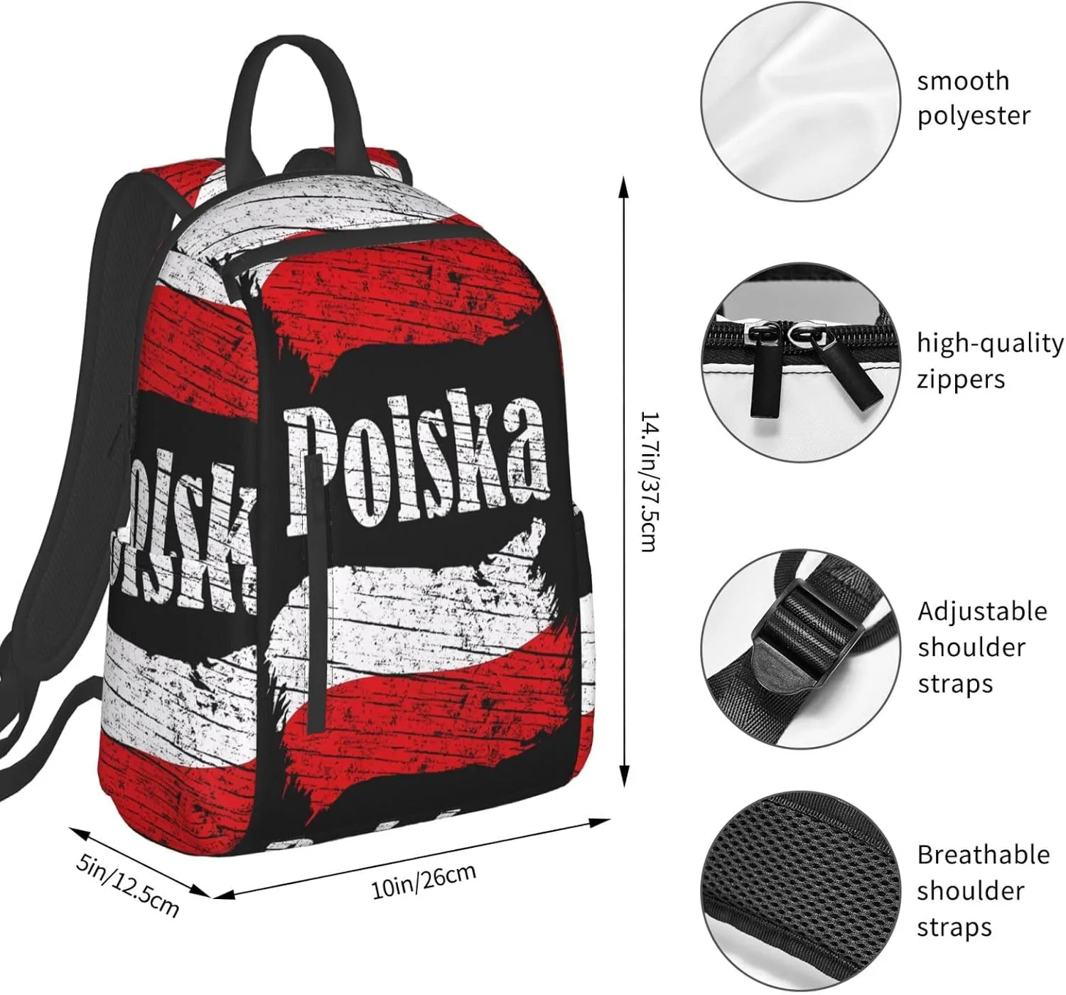 Polish Flag Poland Polska Flags Travel Backpacks Casual Laptop Backpack Sport Rucksack Large Capacity Daypack Multi-Pockets Adjustable Strap Bag for Working Hiking