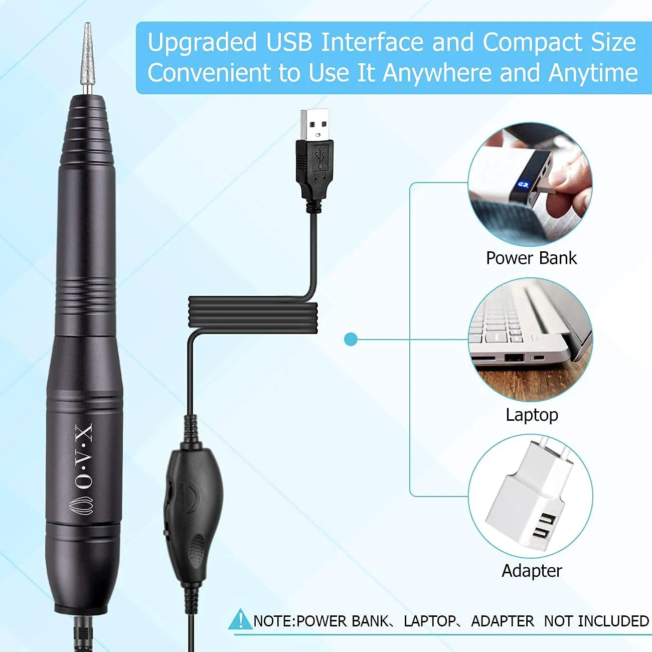 Portable Electric Nail Drill Machine，Compact 20000 RPM USB Manicure Pedicure Efile Nail Drill Kit for Acrylic Nails Gel Polishing Shape Tools with Drill Bits and Sanding Bands-Black