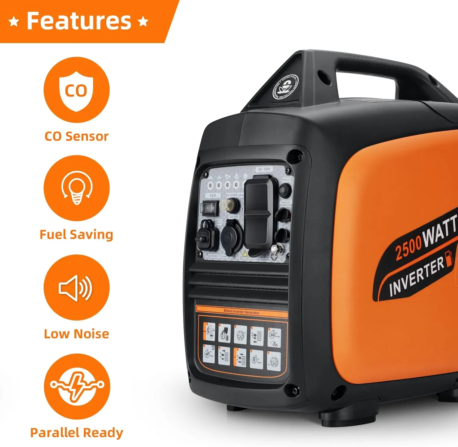 Portable Inverter Generator 2500W Gas Powered, Long Runtime Gas Generators for Home Use, Camping, Super Quiet Emergency Home Backup, with CO Sensor, EPA Compliant