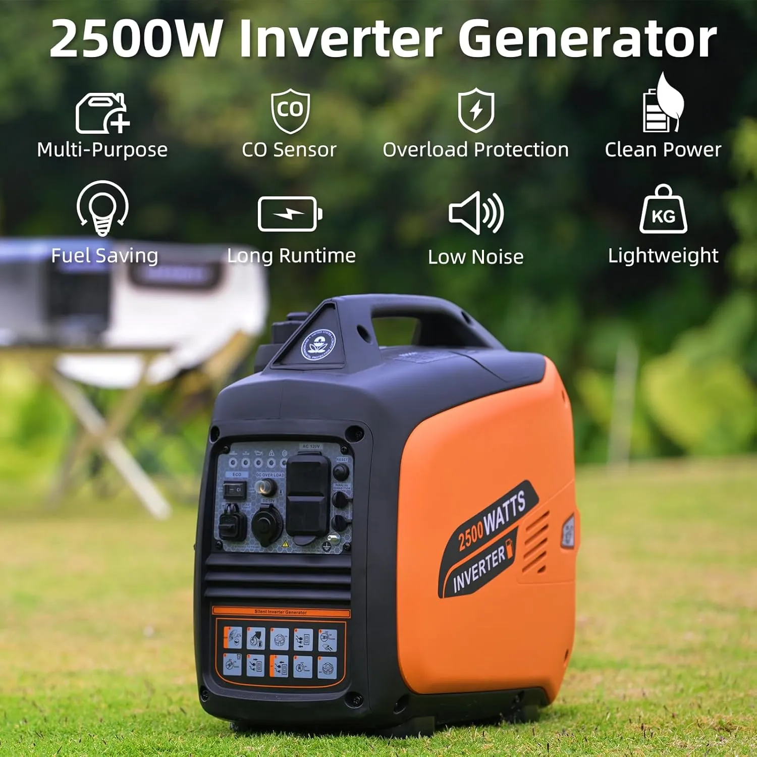 Portable Inverter Generator 2500W Gas Powered, Long Runtime Gas Generators for Home Use, Camping, Super Quiet Emergency Home Backup, with CO Sensor, EPA Compliant