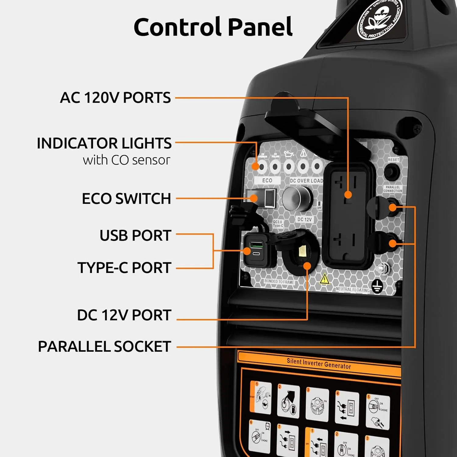 Portable Inverter Generator 2500W Gas Powered, Long Runtime Gas Generators for Home Use, Camping, Super Quiet Emergency Home Backup, with CO Sensor, EPA Compliant