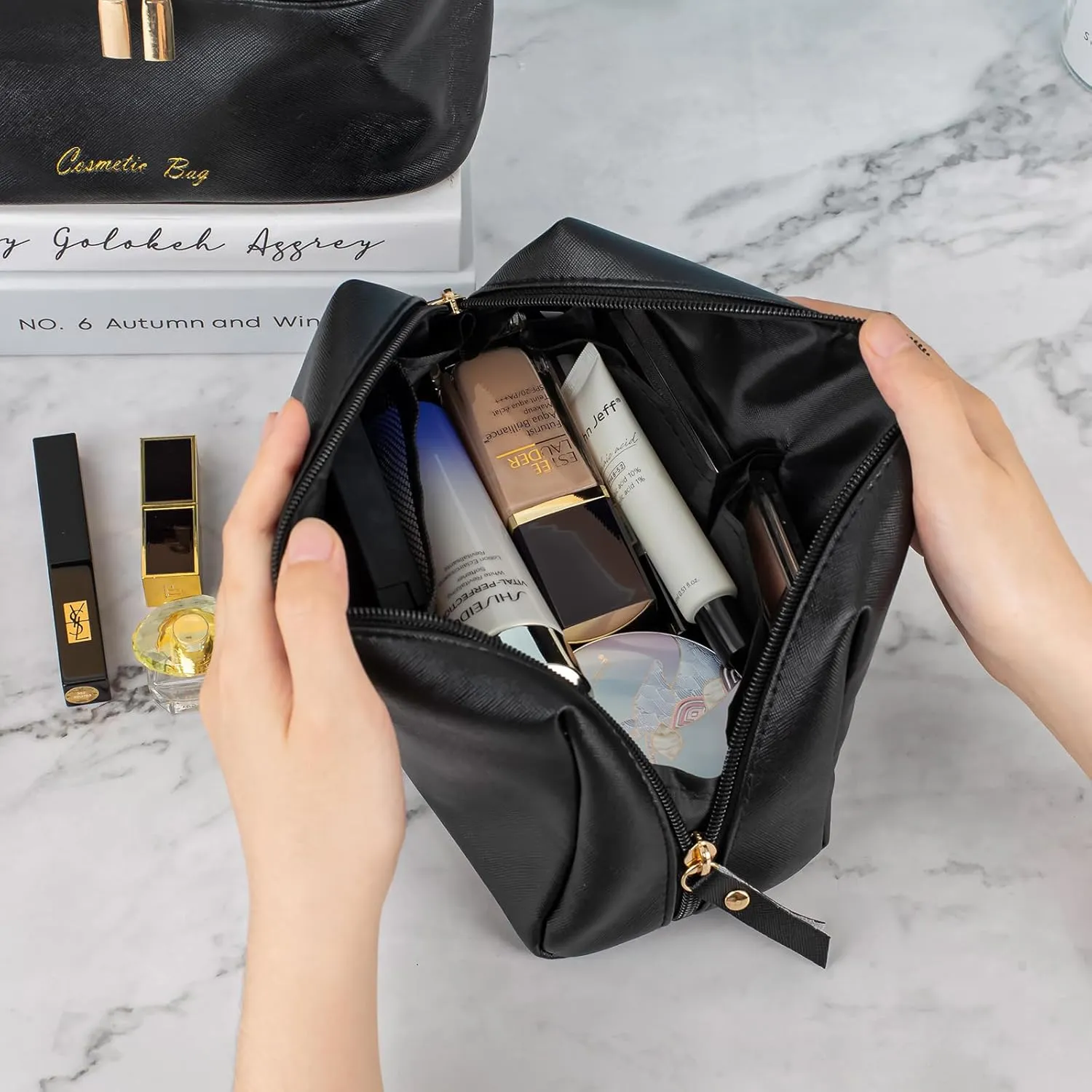 Portable Travel Cosmetics Bags Set, 3 Pieces Makeup Bags Organizers Large Capacity Toiletry Bags Waterproof Leather Makeup Bag and Small Organizer Pouch for Women Girls Black