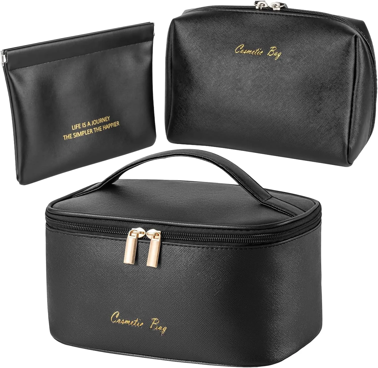 Portable Travel Cosmetics Bags Set, 3 Pieces Makeup Bags Organizers Large Capacity Toiletry Bags Waterproof Leather Makeup Bag and Small Organizer Pouch for Women Girls Black