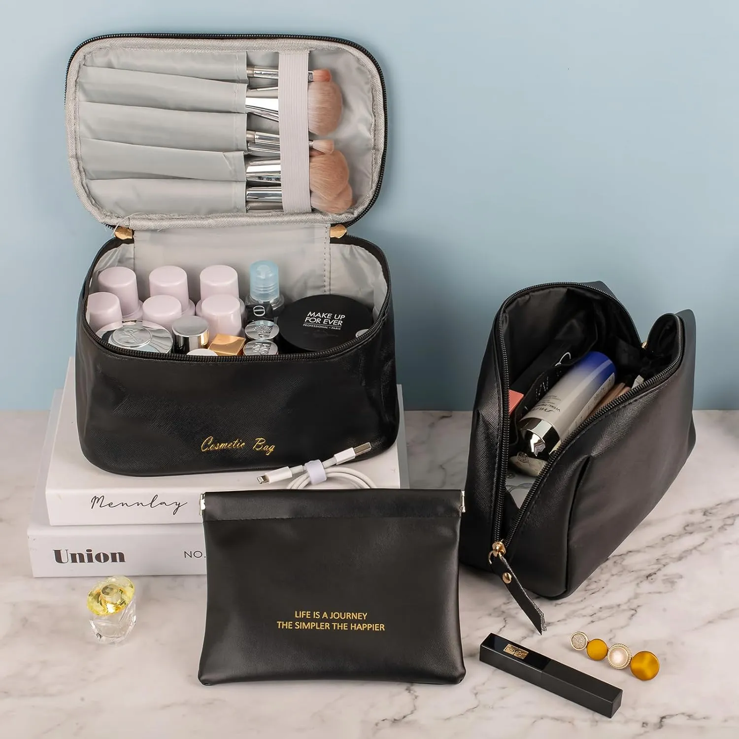 Portable Travel Cosmetics Bags Set, 3 Pieces Makeup Bags Organizers Large Capacity Toiletry Bags Waterproof Leather Makeup Bag and Small Organizer Pouch for Women Girls Black