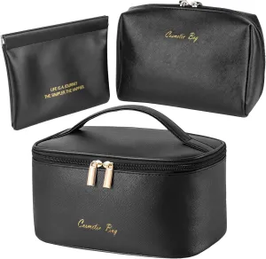 Portable Travel Cosmetics Bags Set, 3 Pieces Makeup Bags Organizers Large Capacity Toiletry Bags Waterproof Leather Makeup Bag and Small Organizer Pouch for Women Girls Black