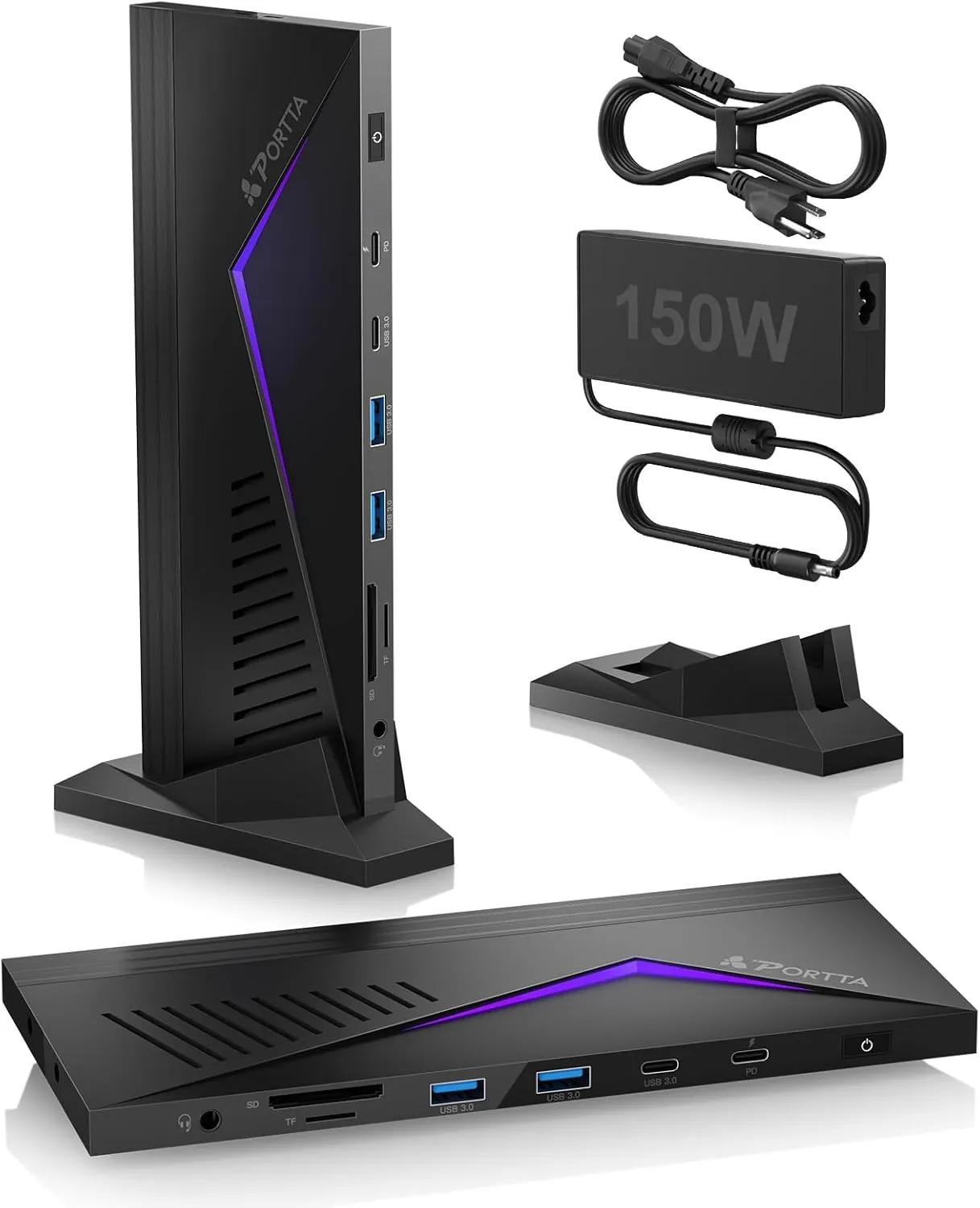 PORTTA 14 in 1 Displaylink Docking Station Triple Monitor 4K 60Hz with 150W Power Adapter, HDMI x3, USB x6, Ethernet, SD/TF, 100W PD, Audio/Mic, Compatible with MacOS/Windows SST/MST, Driver Required