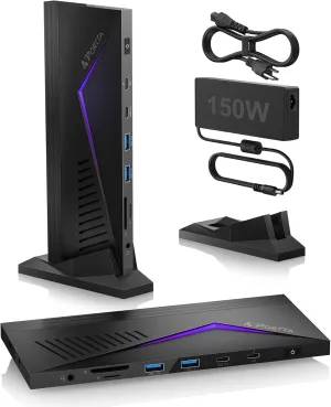 PORTTA 14 in 1 Displaylink Docking Station Triple Monitor 4K 60Hz with 150W Power Adapter, HDMI x3, USB x6, Ethernet, SD/TF, 100W PD, Audio/Mic, Compatible with MacOS/Windows SST/MST, Driver Required