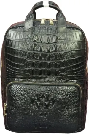 Premium leather unisex Casual laptop backpacks, expensive hiking travel backpack genuine crocodile alligator leather skin (Black)