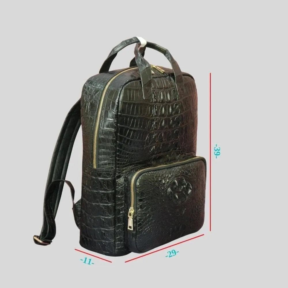 Premium leather unisex Casual laptop backpacks, expensive hiking travel backpack genuine crocodile alligator leather skin (Black)