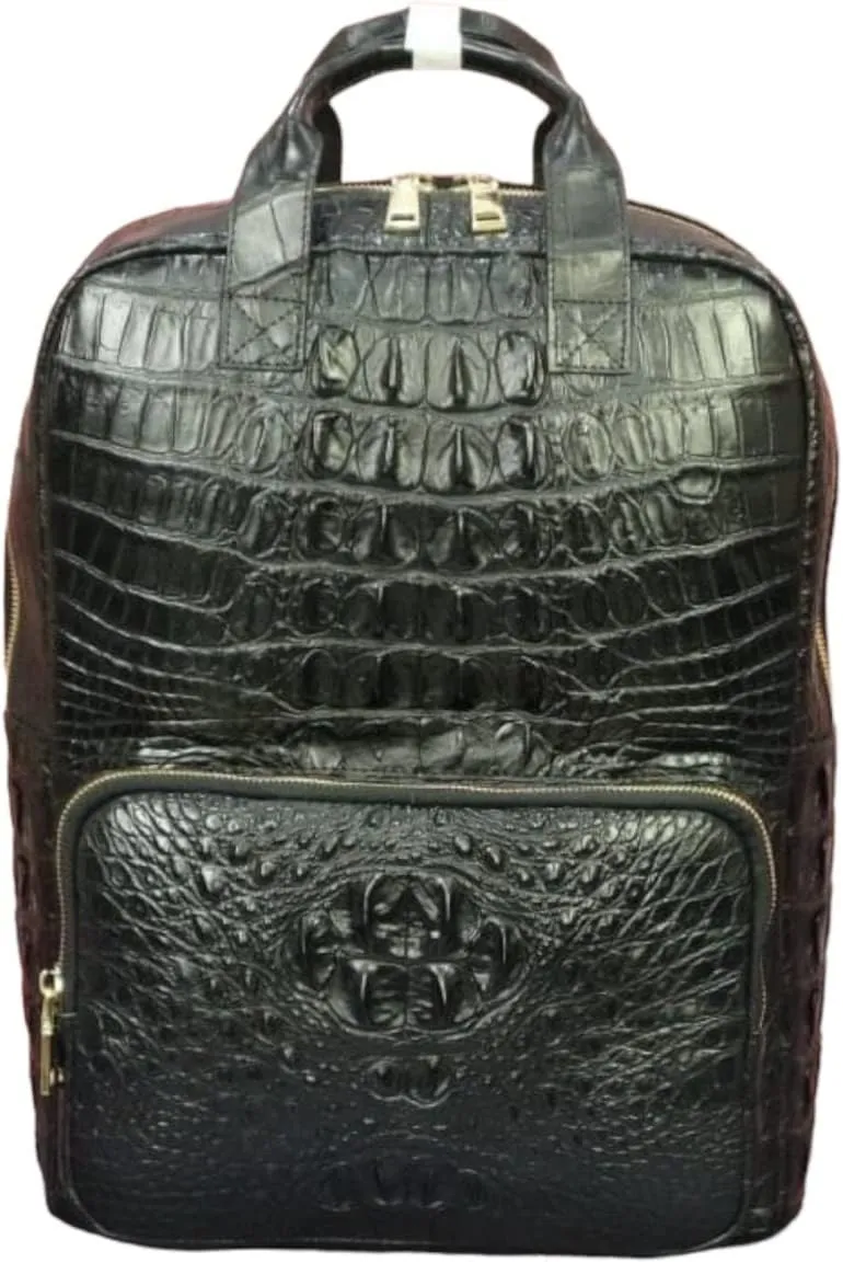 Premium leather unisex Casual laptop backpacks, expensive hiking travel backpack genuine crocodile alligator leather skin (Black)