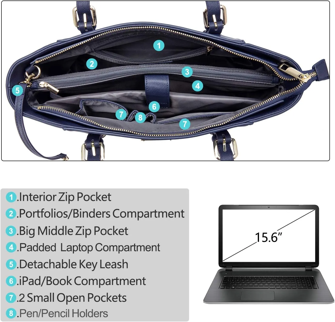 Professional Laptop Tote - Large Computer Bag for Women, Padded Compartment for Up to 15.6 Inch Laptops, Navy