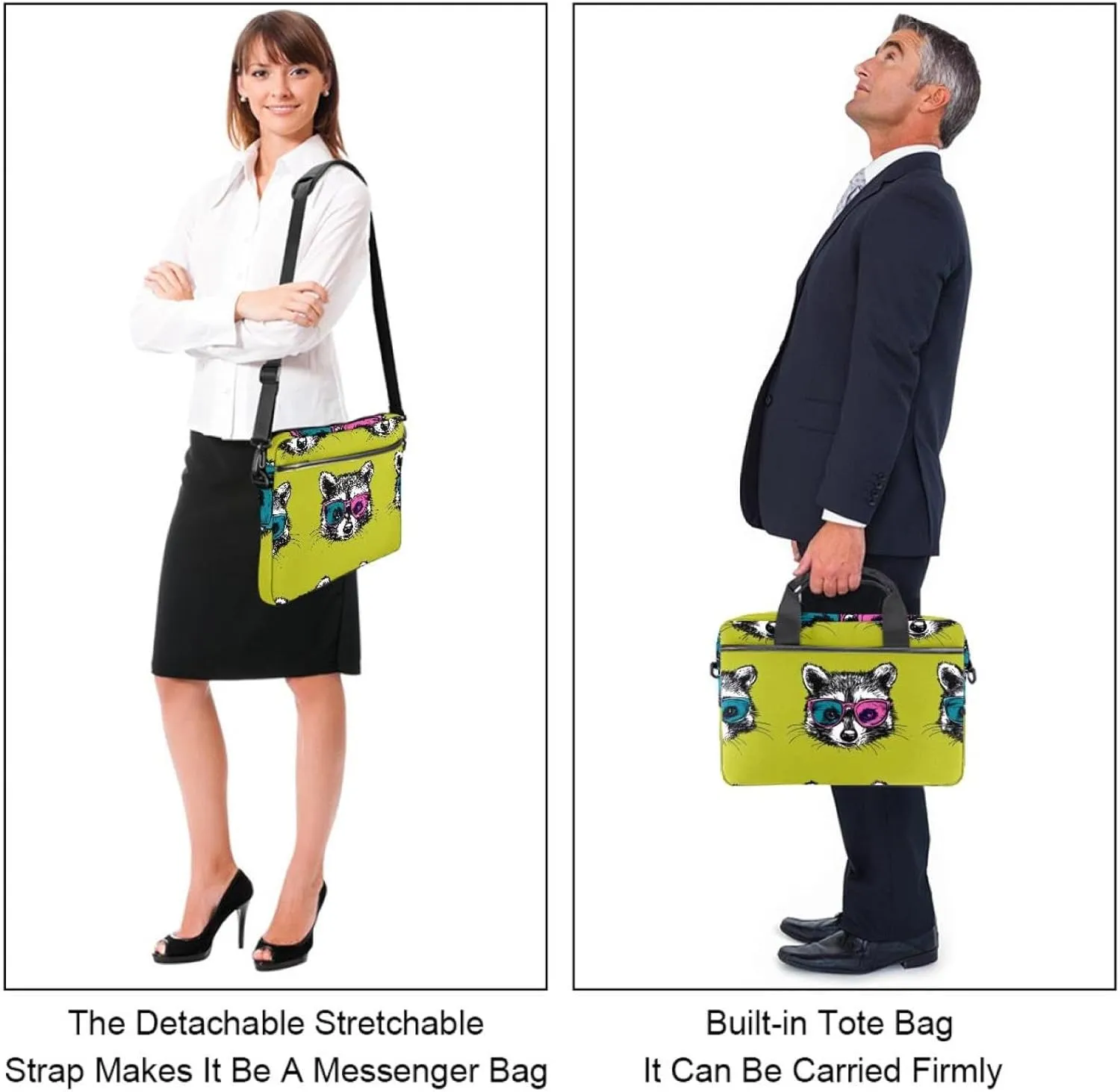 Protective Laptop Shoulder Messenger Bag Heads of Cute Raccoons in Colored Glasses Briefcase Carrying Case Sleeve